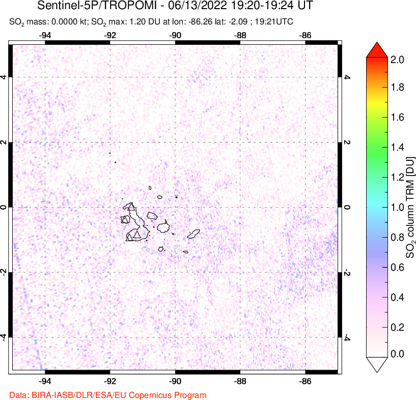 A sulfur dioxide image over Galápagos Islands on Jun 13, 2022.