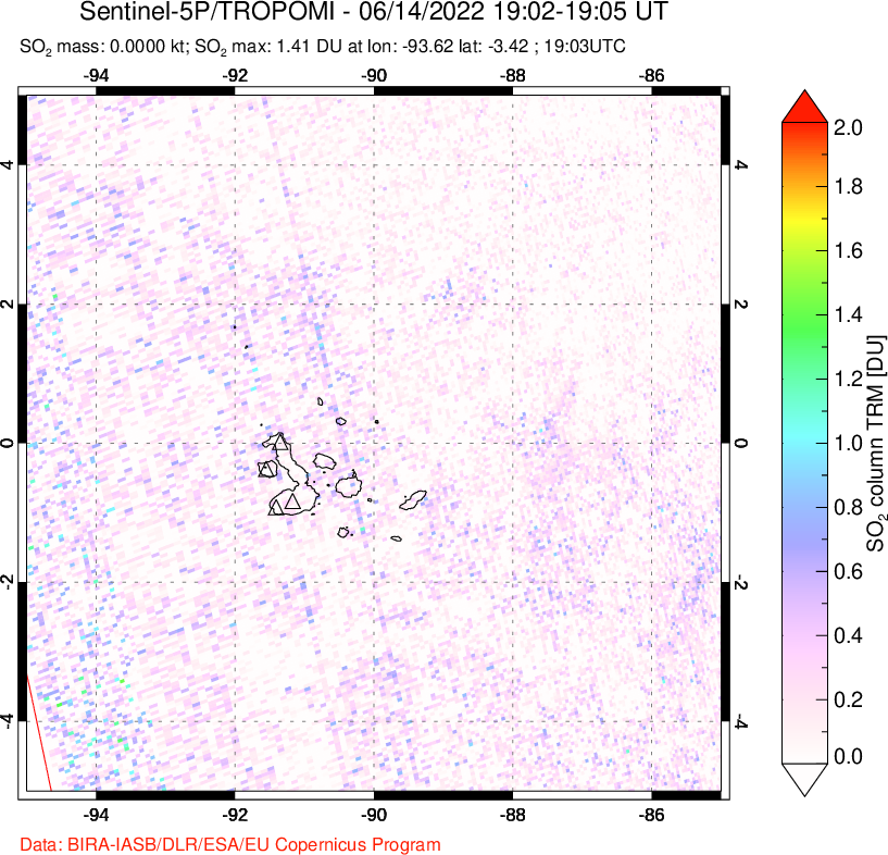 A sulfur dioxide image over Galápagos Islands on Jun 14, 2022.