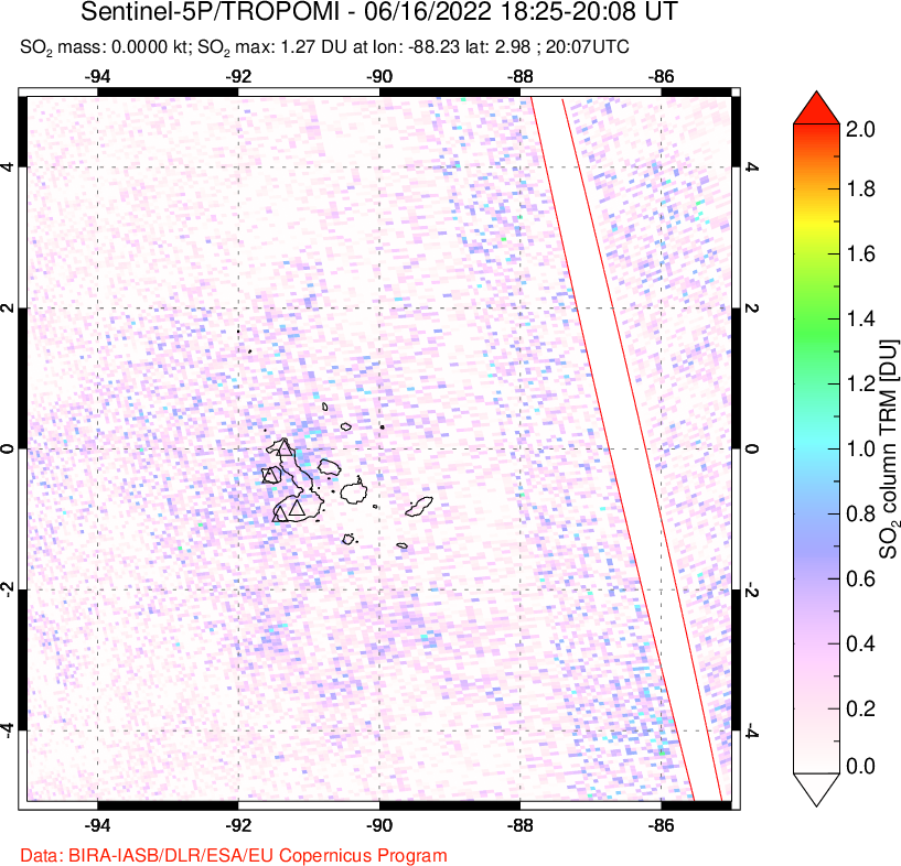 A sulfur dioxide image over Galápagos Islands on Jun 16, 2022.