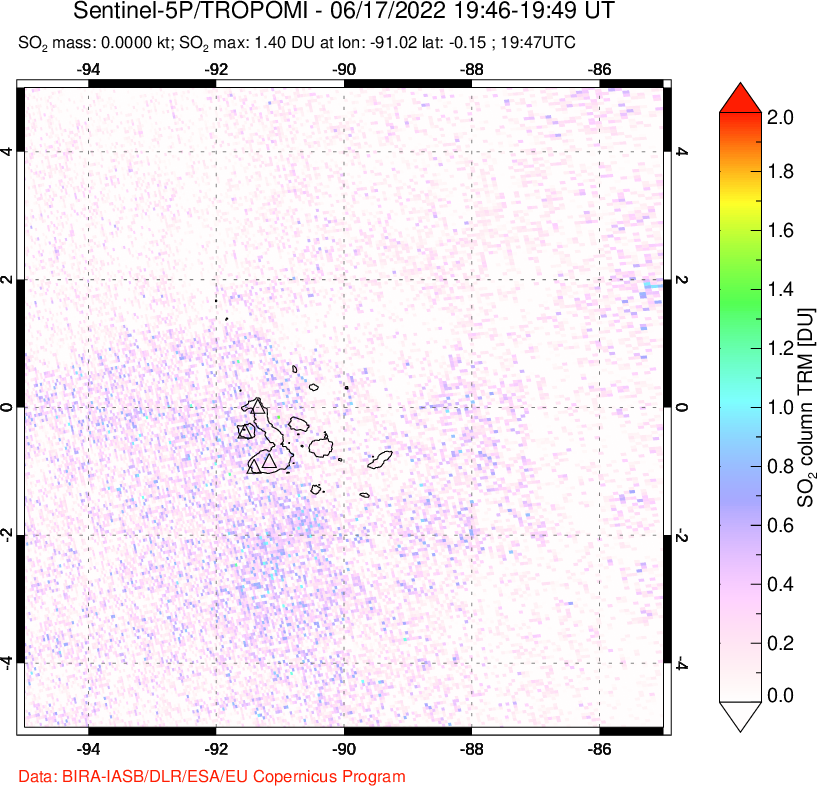 A sulfur dioxide image over Galápagos Islands on Jun 17, 2022.