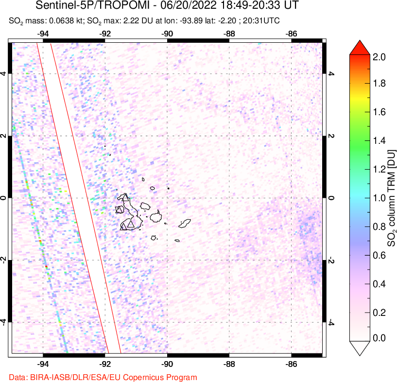 A sulfur dioxide image over Galápagos Islands on Jun 20, 2022.