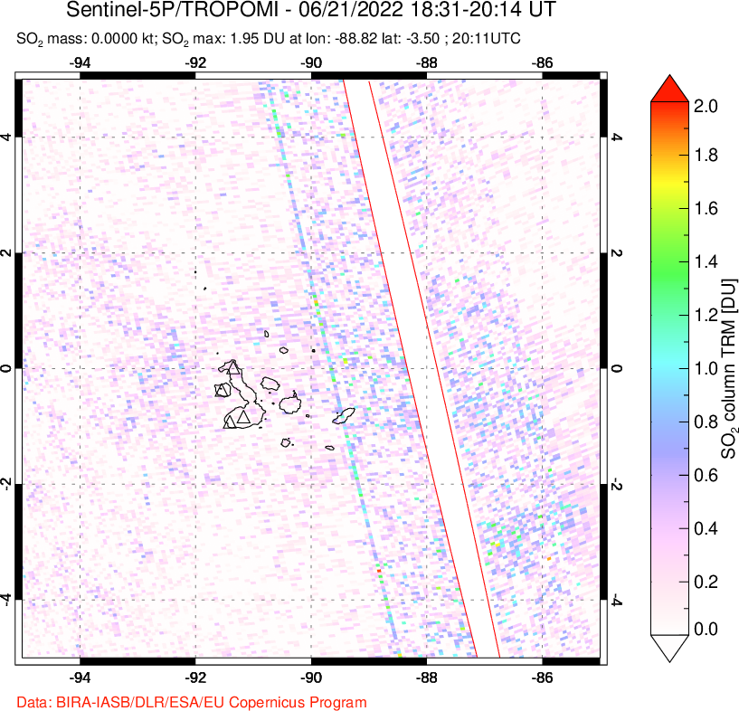 A sulfur dioxide image over Galápagos Islands on Jun 21, 2022.