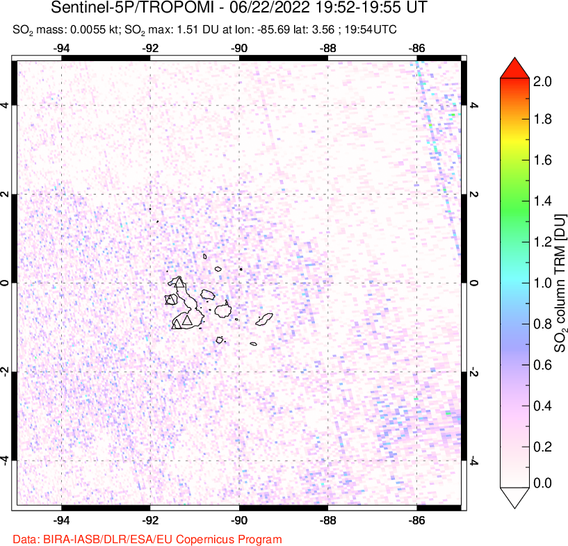 A sulfur dioxide image over Galápagos Islands on Jun 22, 2022.