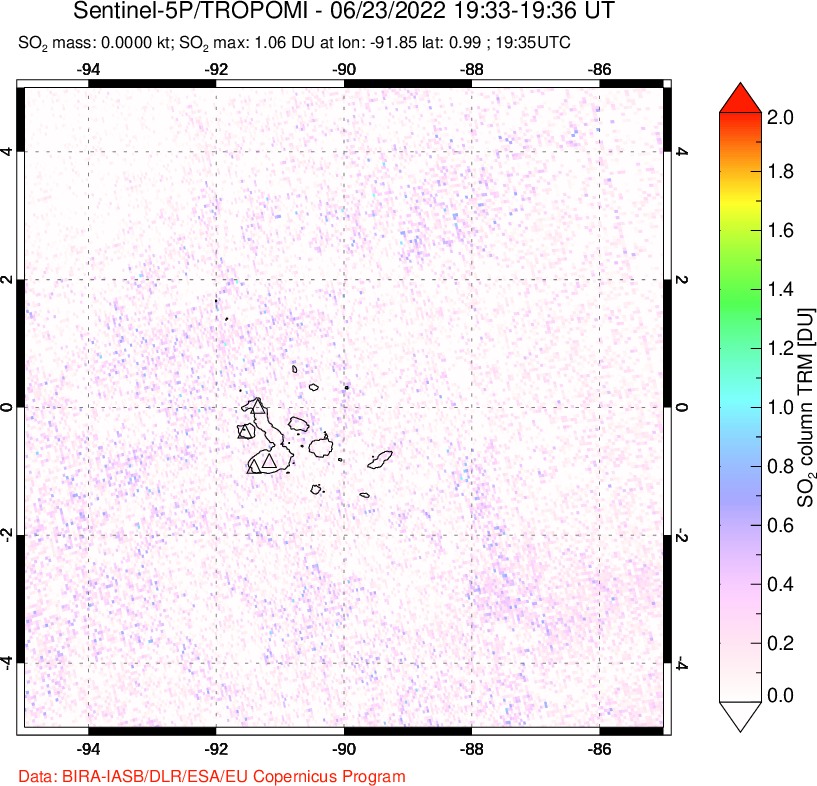 A sulfur dioxide image over Galápagos Islands on Jun 23, 2022.