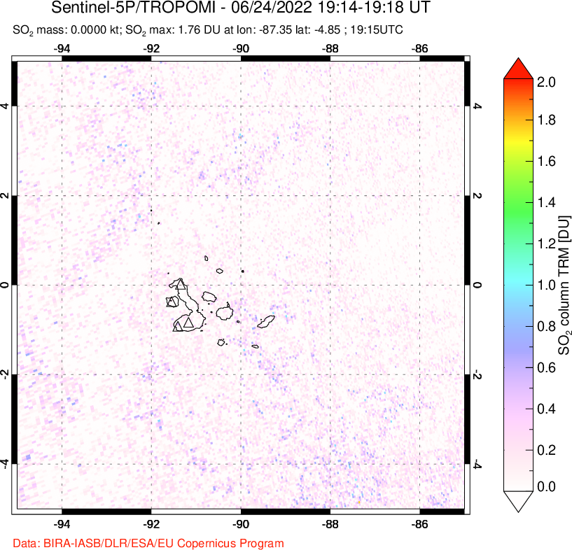 A sulfur dioxide image over Galápagos Islands on Jun 24, 2022.