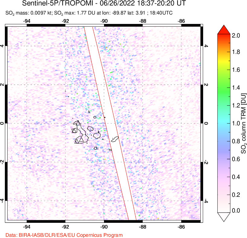 A sulfur dioxide image over Galápagos Islands on Jun 26, 2022.