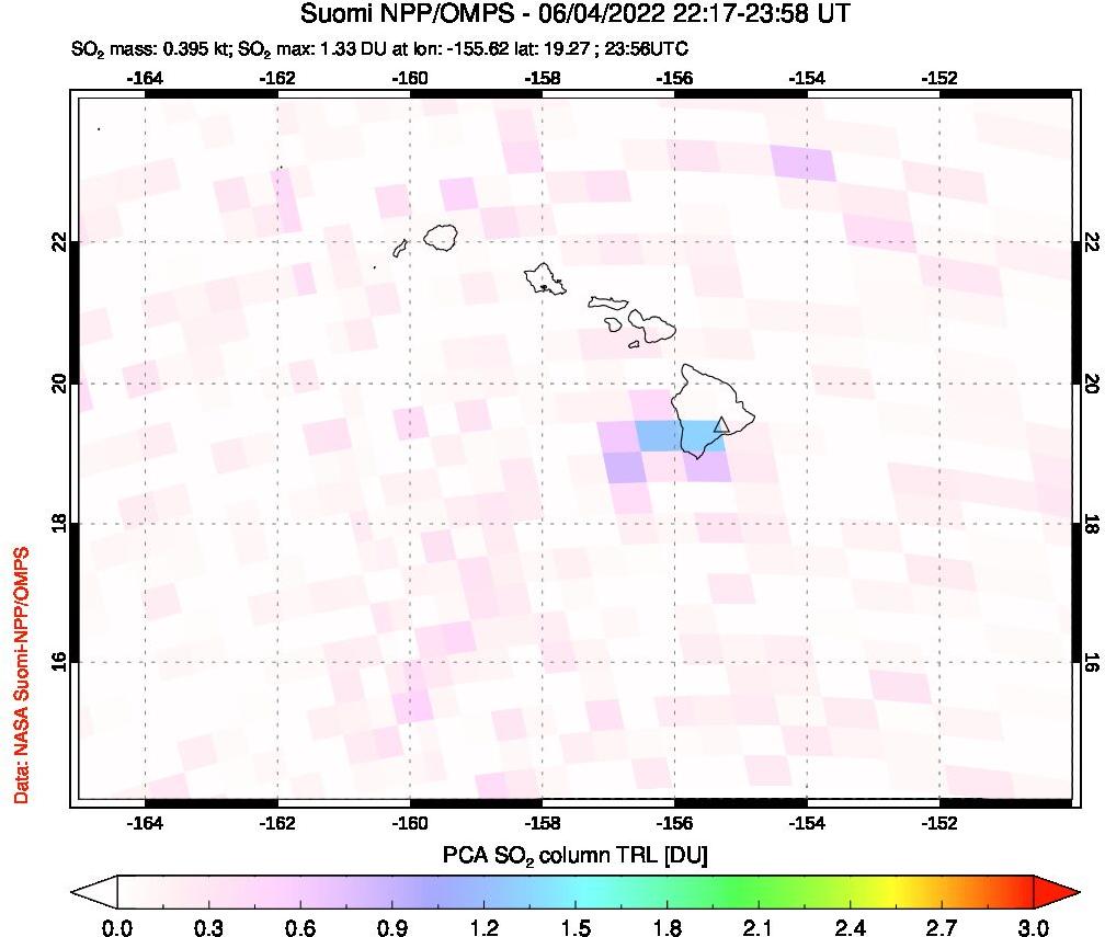 A sulfur dioxide image over Hawaii, USA on Jun 04, 2022.