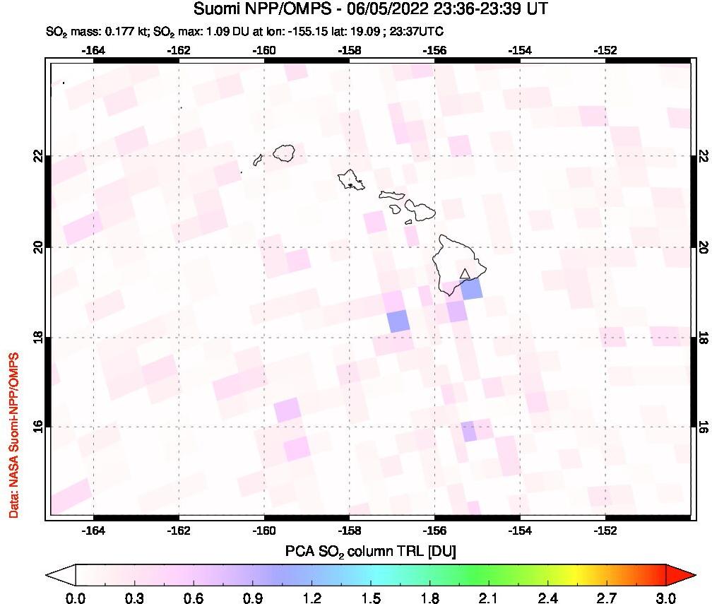 A sulfur dioxide image over Hawaii, USA on Jun 05, 2022.