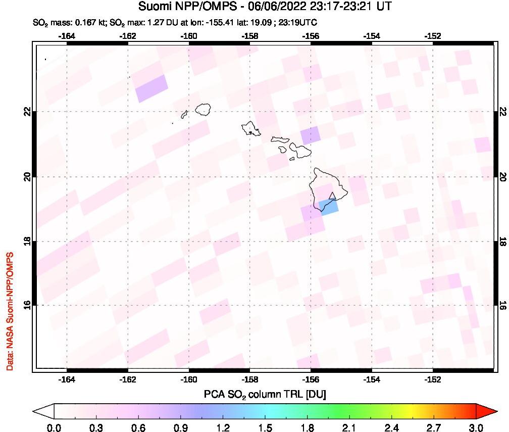 A sulfur dioxide image over Hawaii, USA on Jun 06, 2022.