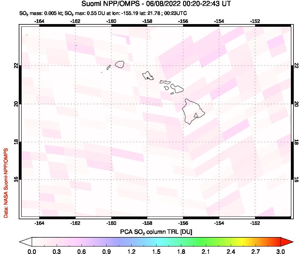 A sulfur dioxide image over Hawaii, USA on Jun 08, 2022.
