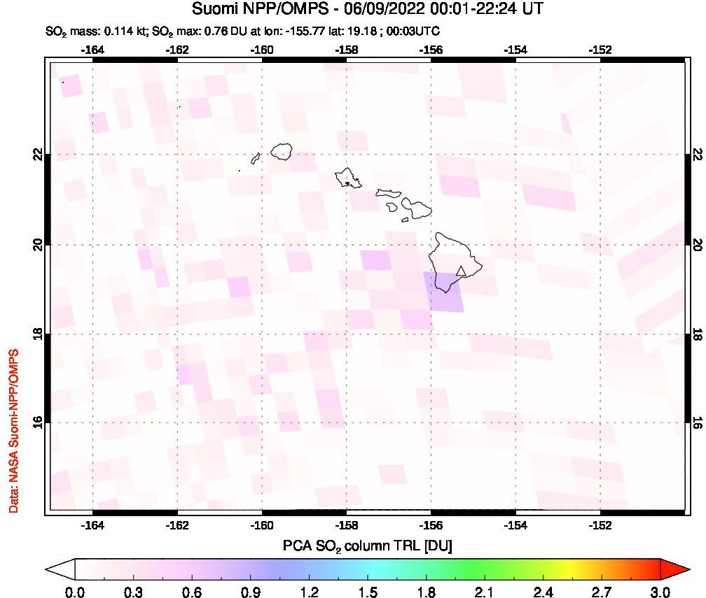 A sulfur dioxide image over Hawaii, USA on Jun 09, 2022.