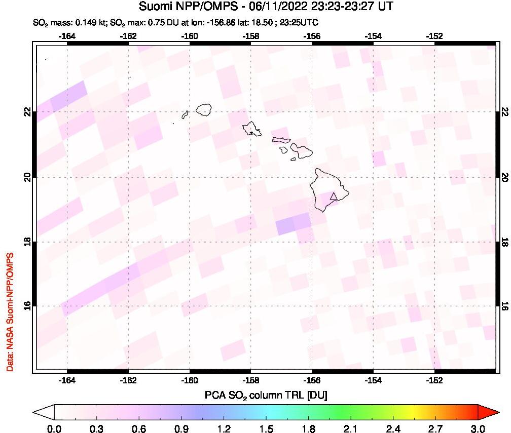 A sulfur dioxide image over Hawaii, USA on Jun 11, 2022.