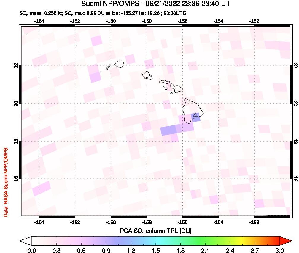 A sulfur dioxide image over Hawaii, USA on Jun 21, 2022.