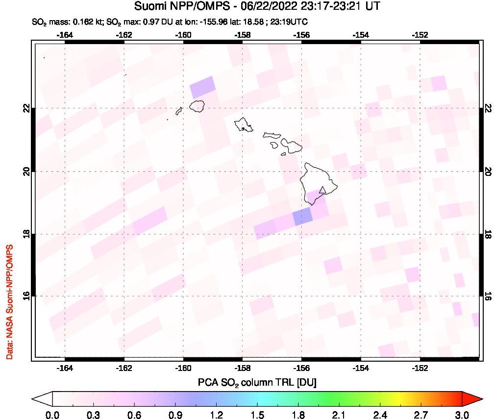 A sulfur dioxide image over Hawaii, USA on Jun 22, 2022.