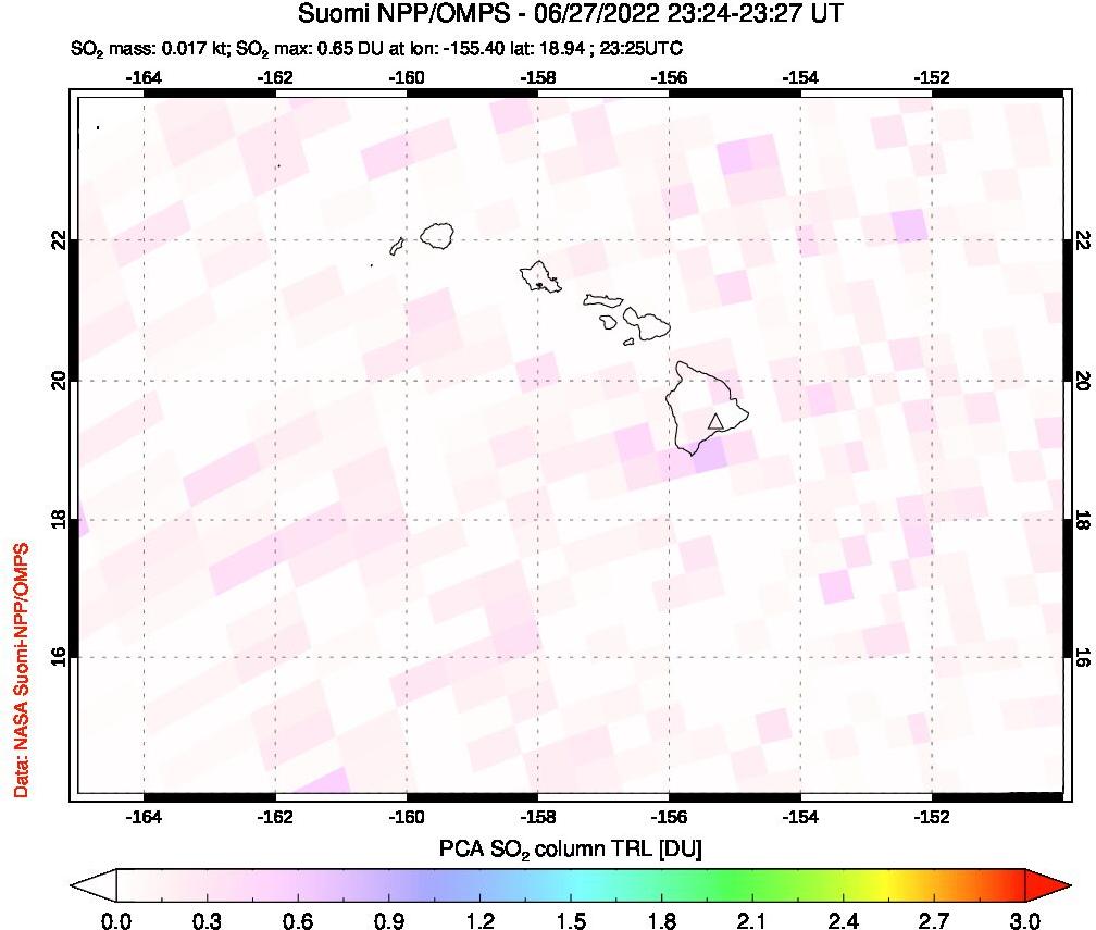 A sulfur dioxide image over Hawaii, USA on Jun 27, 2022.