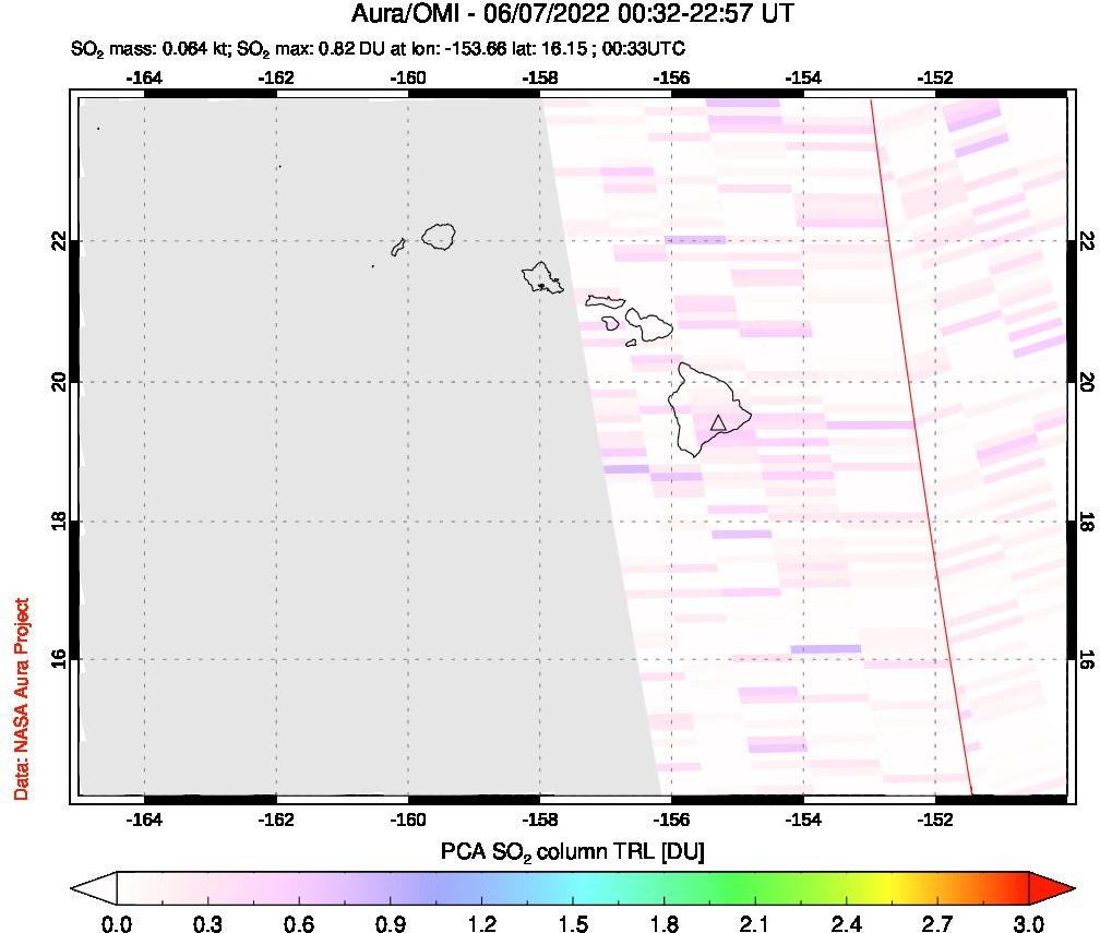 A sulfur dioxide image over Hawaii, USA on Jun 07, 2022.