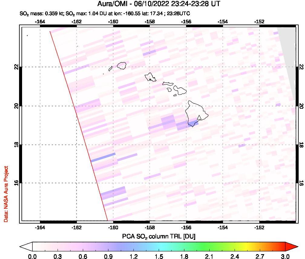 A sulfur dioxide image over Hawaii, USA on Jun 10, 2022.