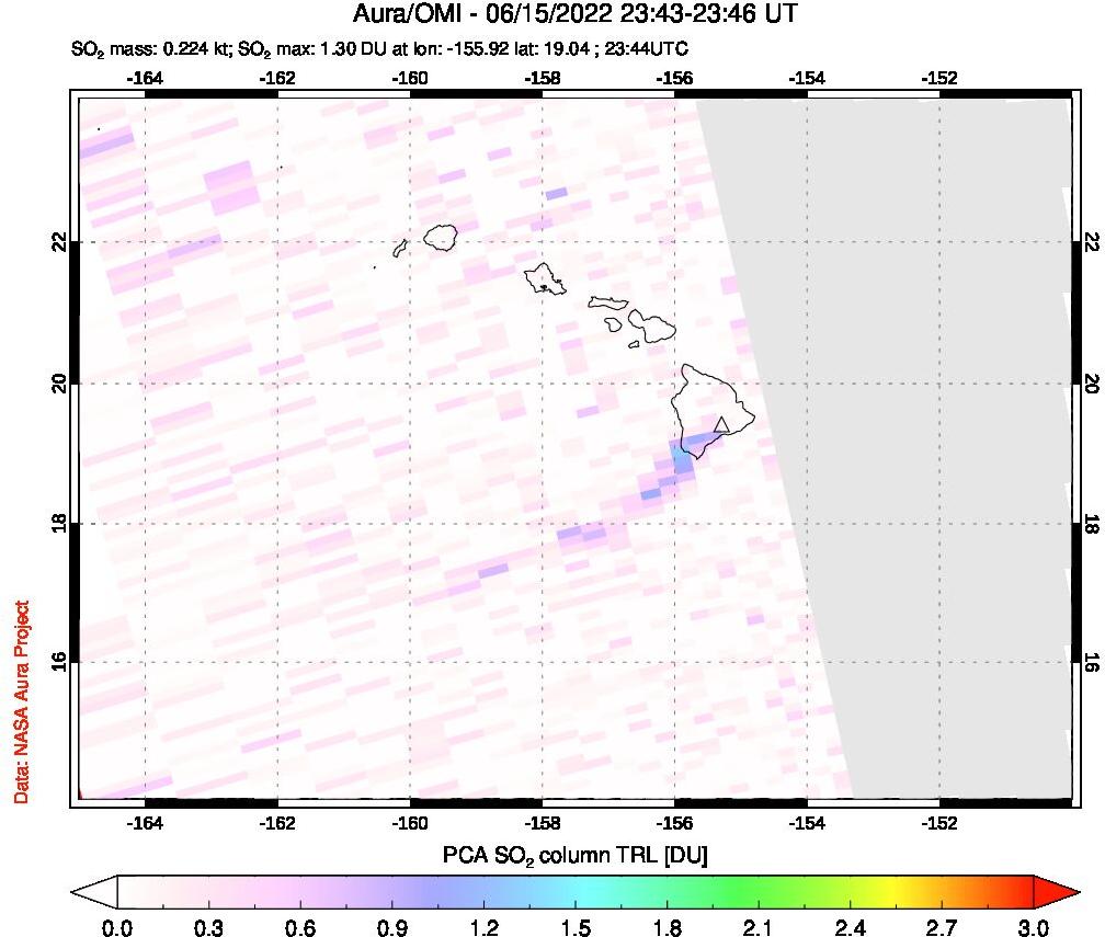 A sulfur dioxide image over Hawaii, USA on Jun 15, 2022.
