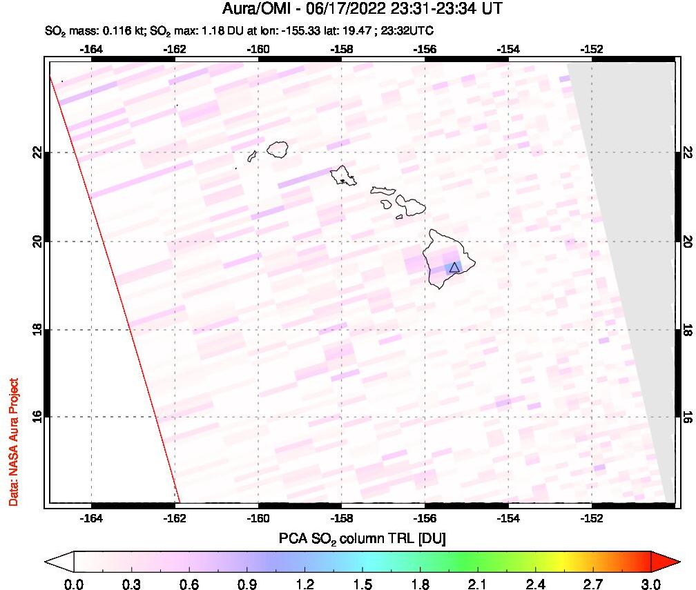 A sulfur dioxide image over Hawaii, USA on Jun 17, 2022.