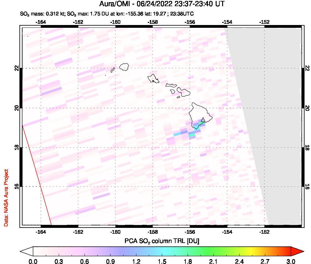 A sulfur dioxide image over Hawaii, USA on Jun 24, 2022.