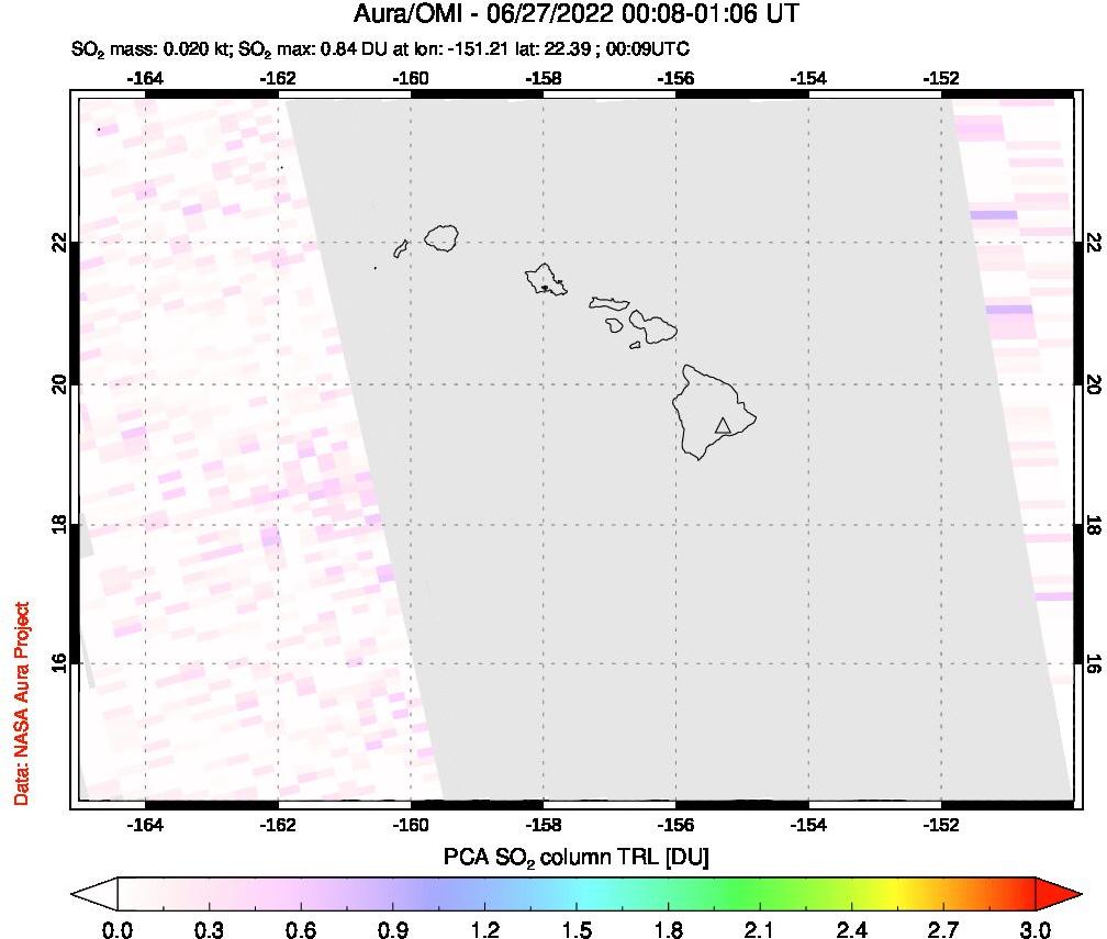 A sulfur dioxide image over Hawaii, USA on Jun 27, 2022.