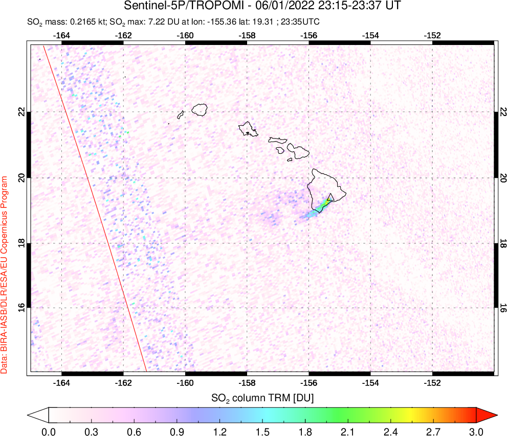 A sulfur dioxide image over Hawaii, USA on Jun 01, 2022.