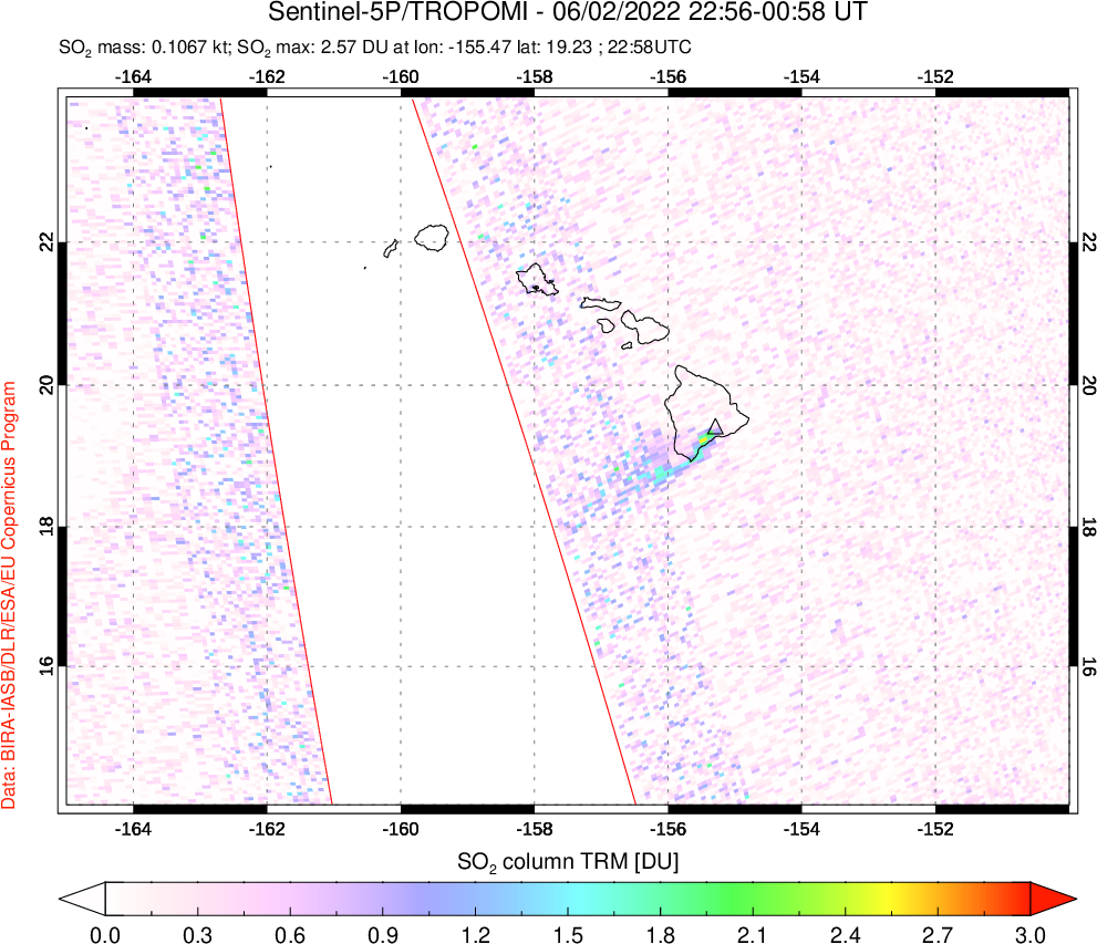 A sulfur dioxide image over Hawaii, USA on Jun 02, 2022.