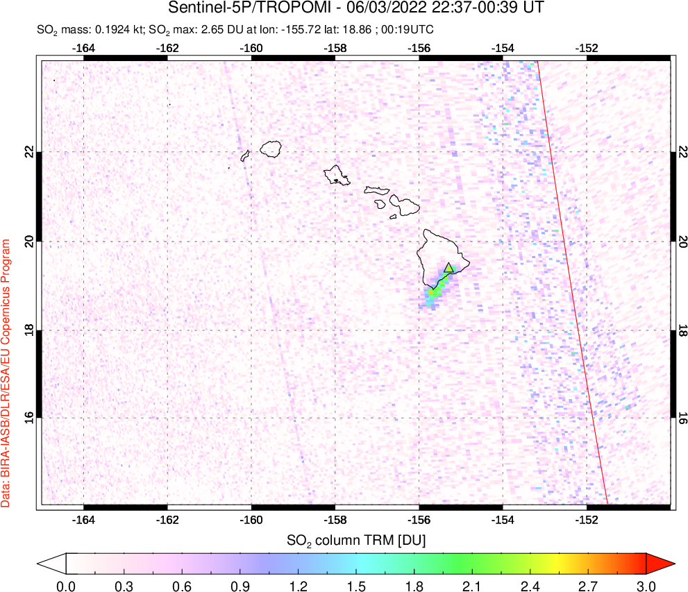 A sulfur dioxide image over Hawaii, USA on Jun 03, 2022.