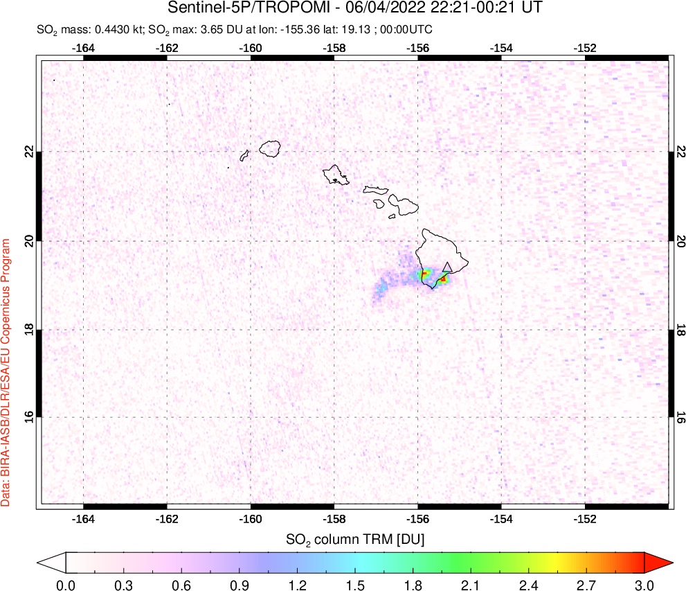 A sulfur dioxide image over Hawaii, USA on Jun 04, 2022.
