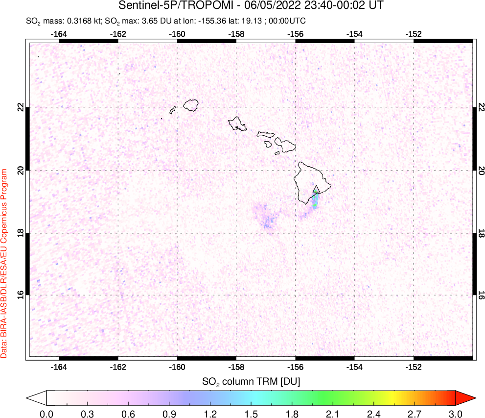 A sulfur dioxide image over Hawaii, USA on Jun 05, 2022.