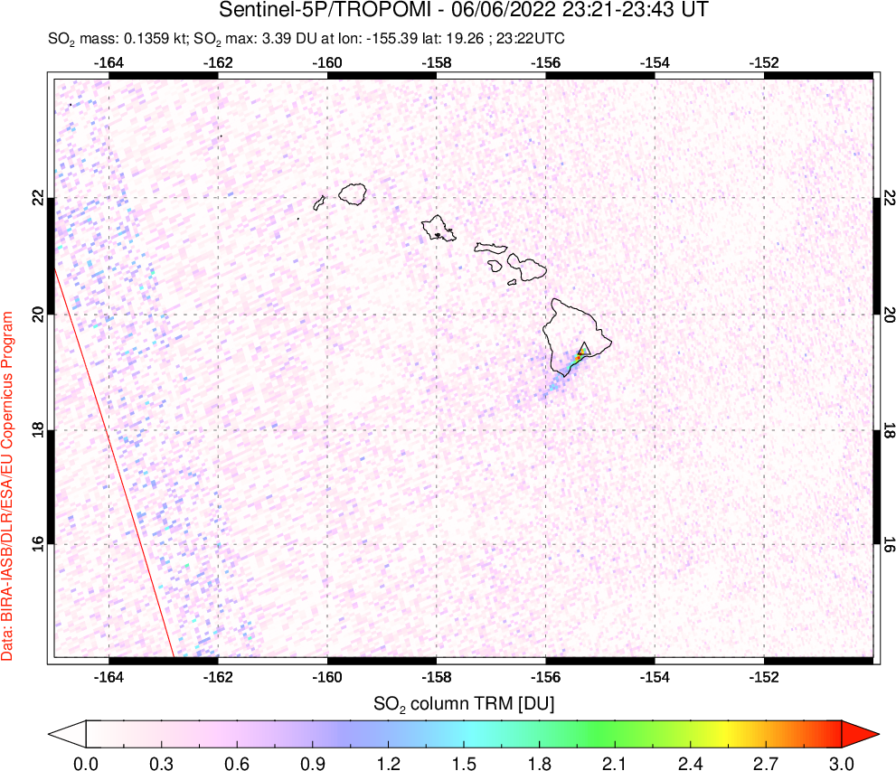 A sulfur dioxide image over Hawaii, USA on Jun 06, 2022.