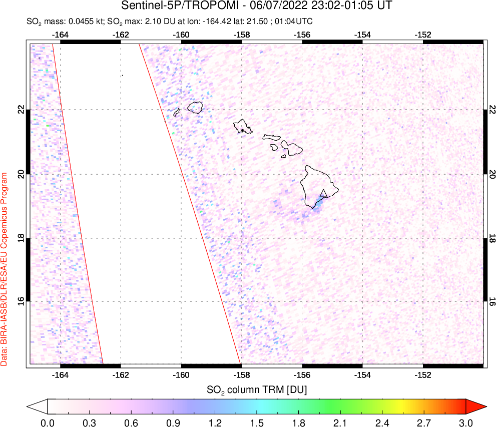 A sulfur dioxide image over Hawaii, USA on Jun 07, 2022.