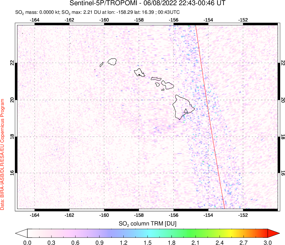 A sulfur dioxide image over Hawaii, USA on Jun 08, 2022.