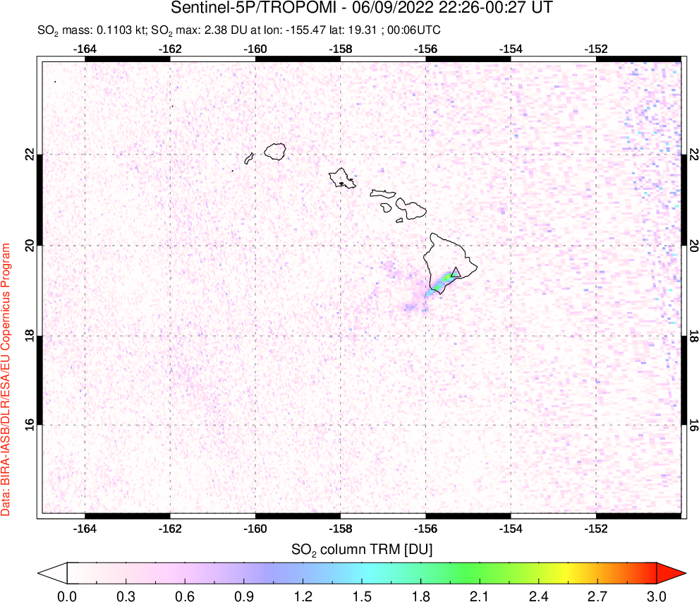 A sulfur dioxide image over Hawaii, USA on Jun 09, 2022.