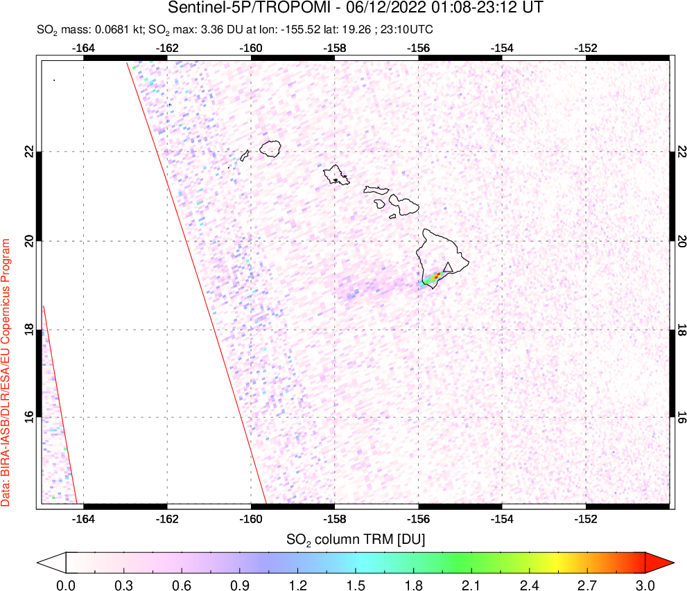 A sulfur dioxide image over Hawaii, USA on Jun 12, 2022.