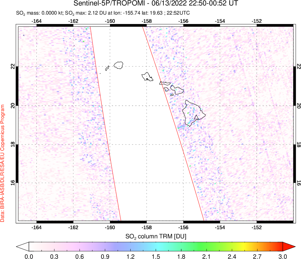 A sulfur dioxide image over Hawaii, USA on Jun 13, 2022.
