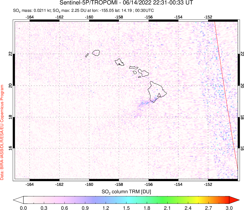 A sulfur dioxide image over Hawaii, USA on Jun 14, 2022.