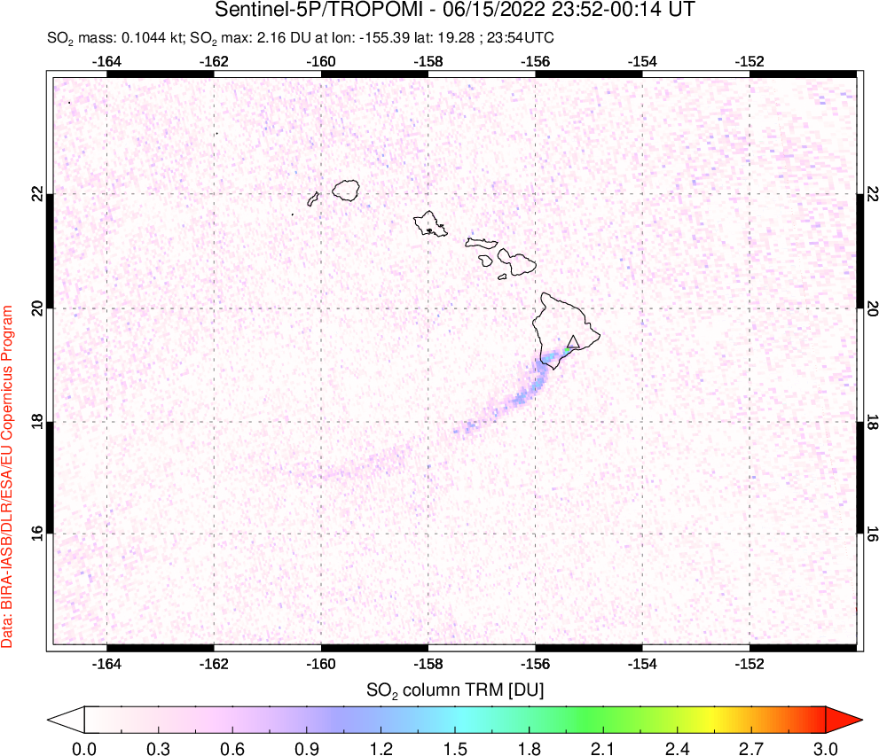 A sulfur dioxide image over Hawaii, USA on Jun 15, 2022.