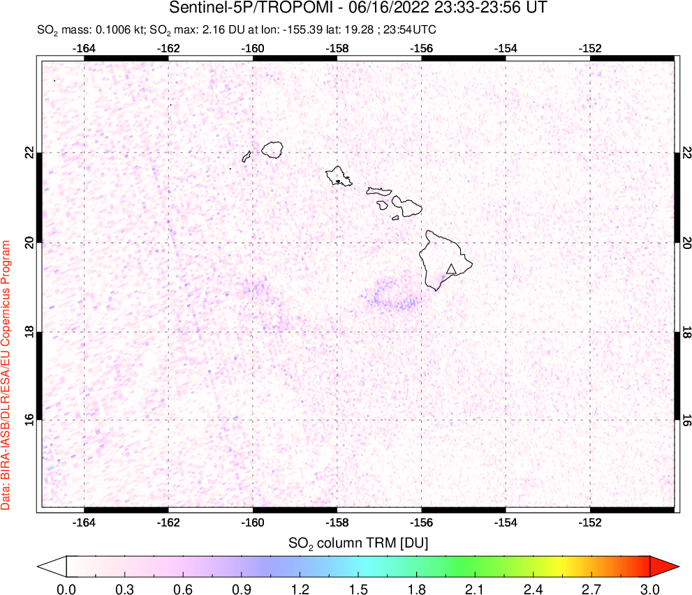 A sulfur dioxide image over Hawaii, USA on Jun 16, 2022.