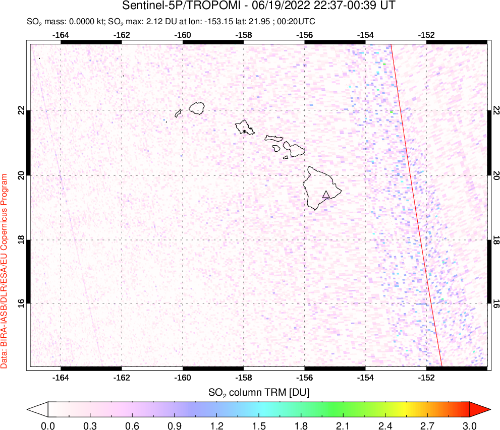 A sulfur dioxide image over Hawaii, USA on Jun 19, 2022.