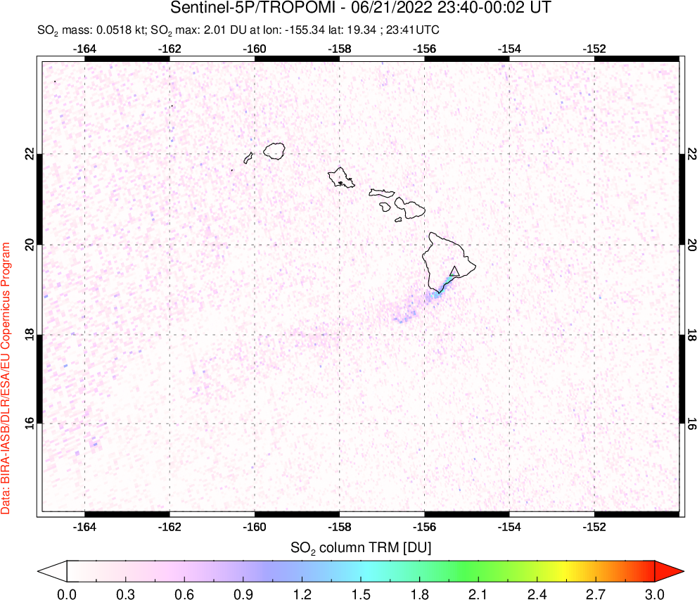 A sulfur dioxide image over Hawaii, USA on Jun 21, 2022.
