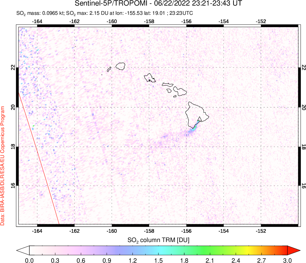A sulfur dioxide image over Hawaii, USA on Jun 22, 2022.