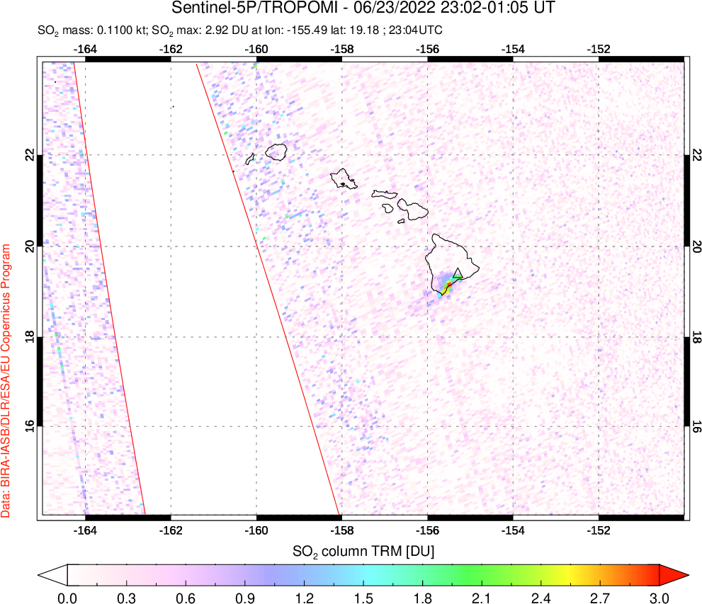 A sulfur dioxide image over Hawaii, USA on Jun 23, 2022.