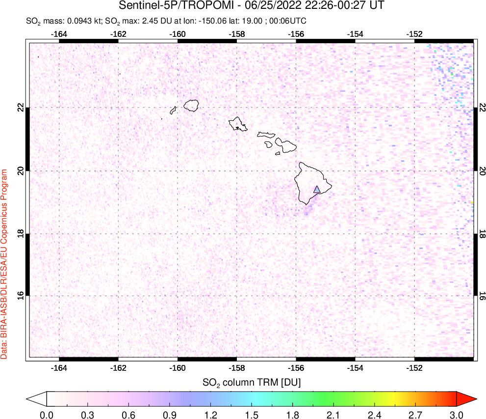 A sulfur dioxide image over Hawaii, USA on Jun 25, 2022.