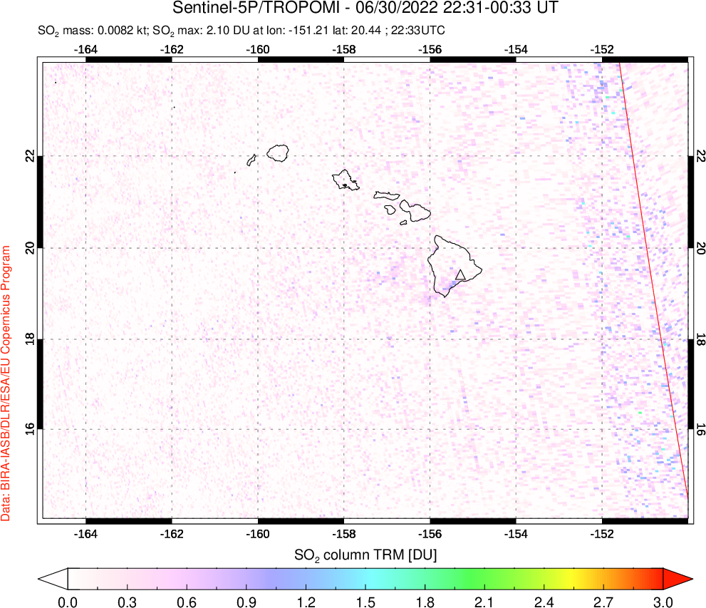 A sulfur dioxide image over Hawaii, USA on Jun 30, 2022.