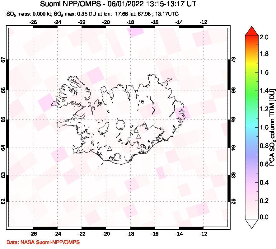 A sulfur dioxide image over Iceland on Jun 01, 2022.