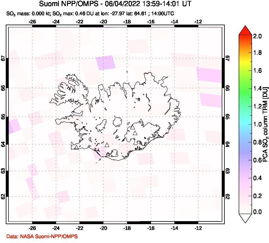 A sulfur dioxide image over Iceland on Jun 04, 2022.