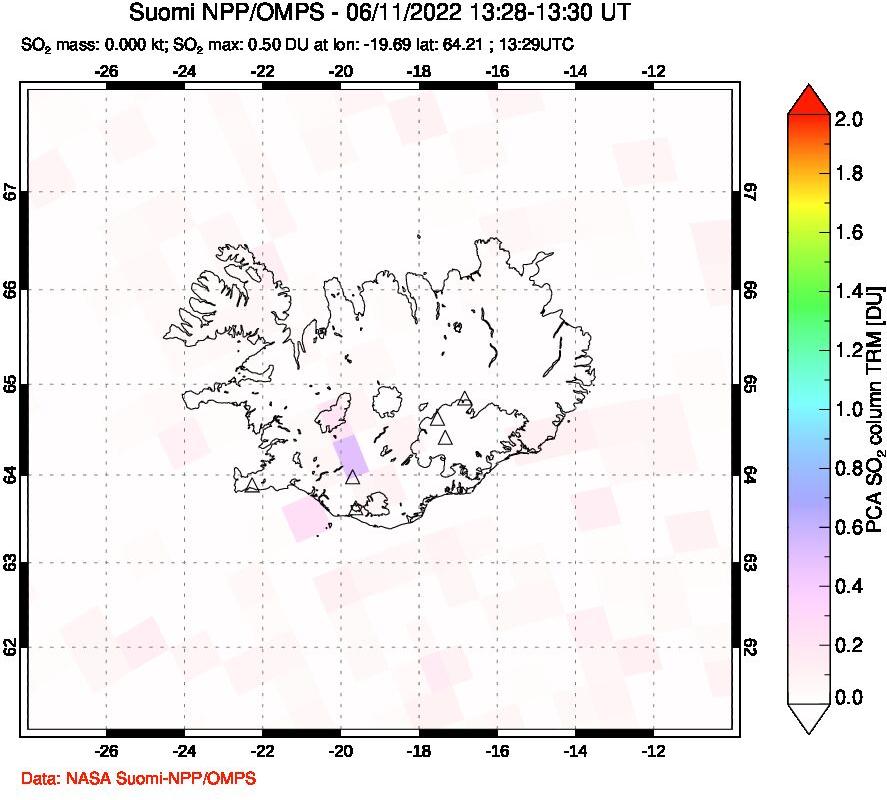 A sulfur dioxide image over Iceland on Jun 11, 2022.
