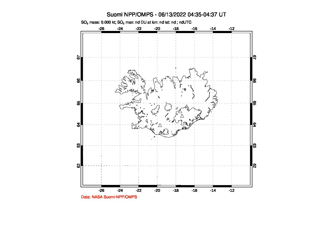 A sulfur dioxide image over Iceland on Jun 13, 2022.