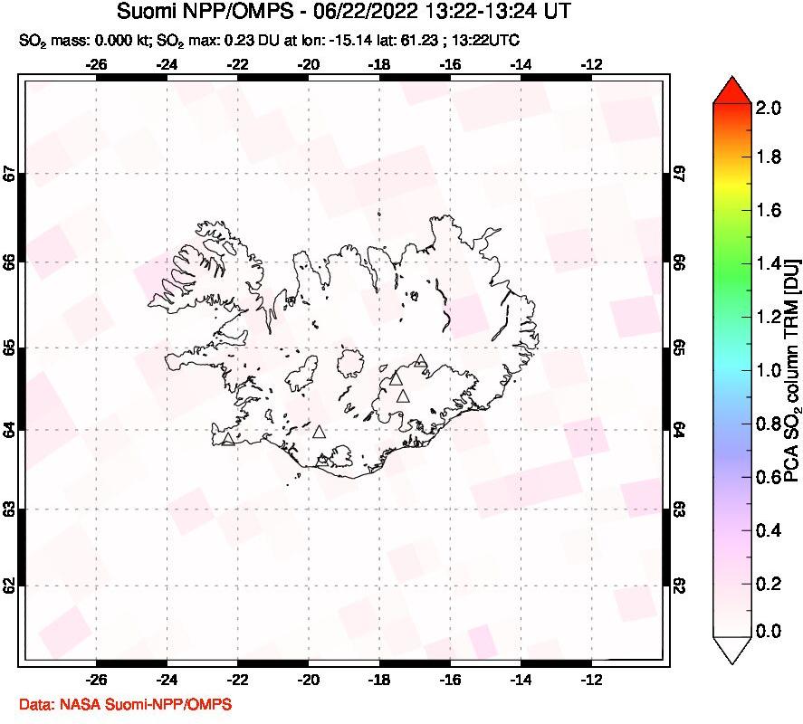 A sulfur dioxide image over Iceland on Jun 22, 2022.